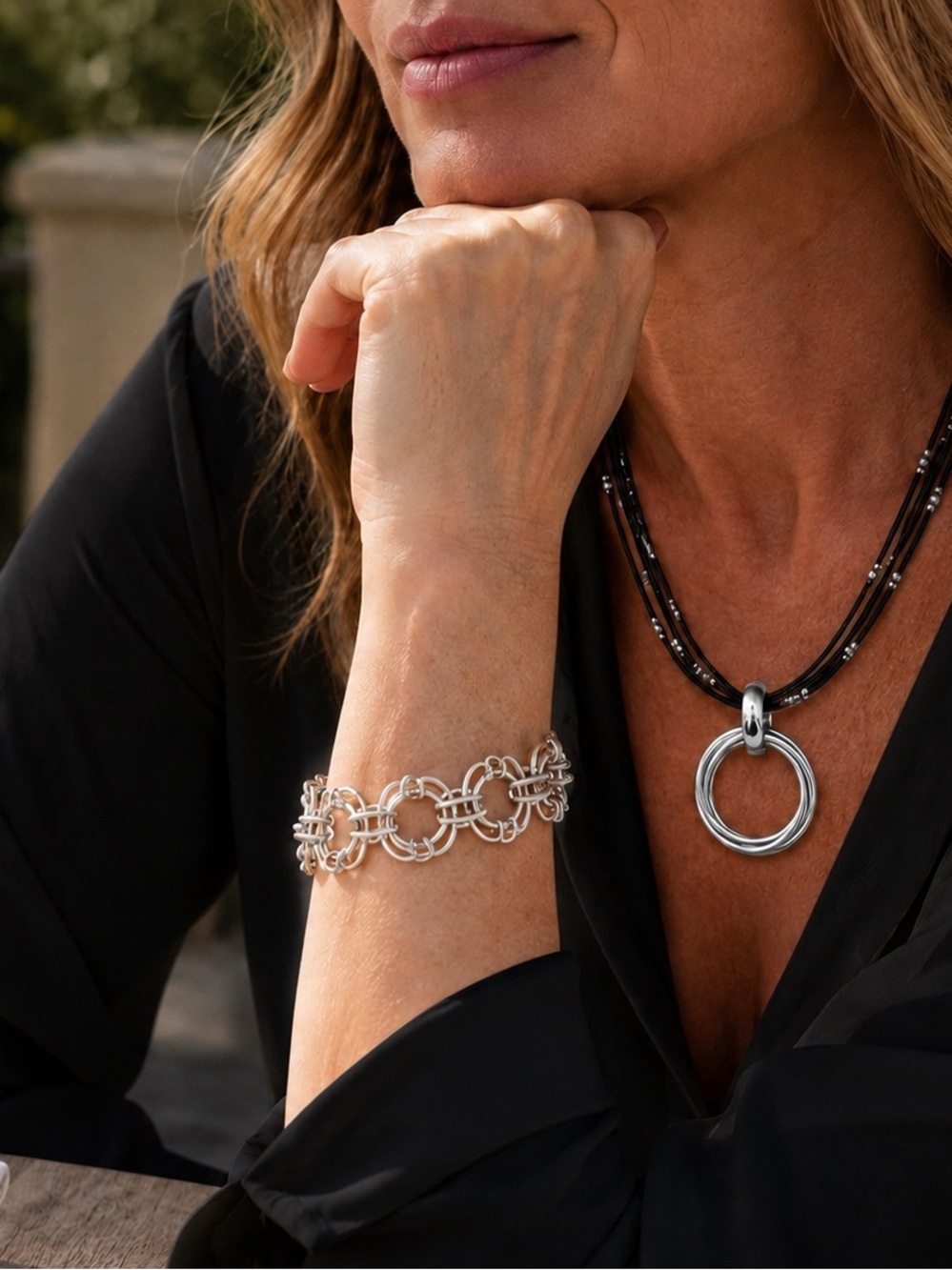 Silpada Sterling “Endless Circles” Pendant & Leather Faceted CZ Silver Necklace